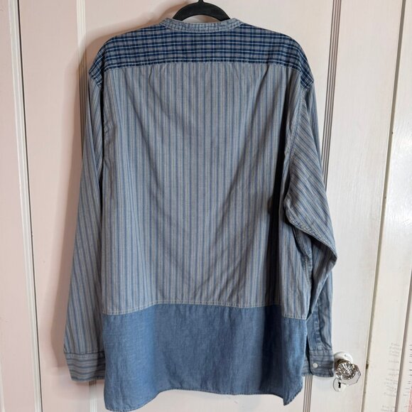 RRL Ralph Lauren Blue Stripe Patchwork Long Sleeve Button Men's Shirt sz XXL - Picture 2 of 6